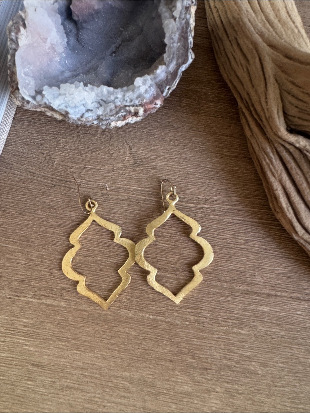 Gold Moroccan Quatrefoil Drop Earrings Matte Brushed Boho